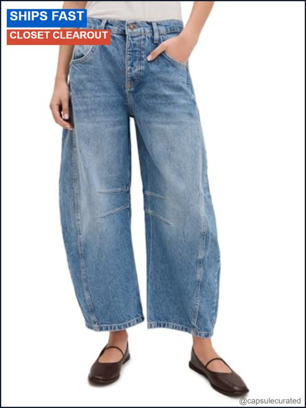 Mid-Rise Barrel Jeans Relaxed Wide Leg Non-Stretch Denim Pleated Front